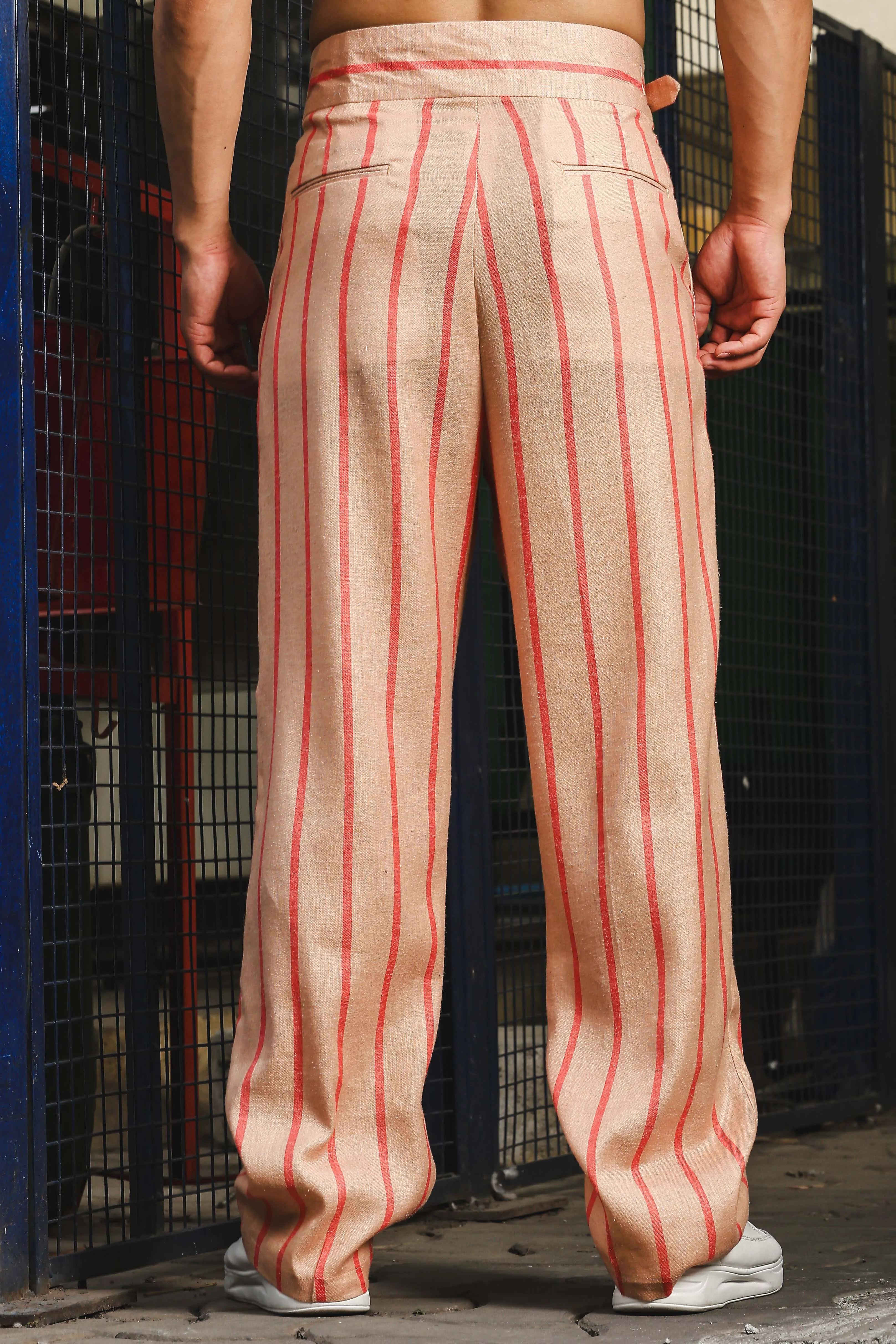 Beige & Orange Striped Linen Blend Gurkha Trousers