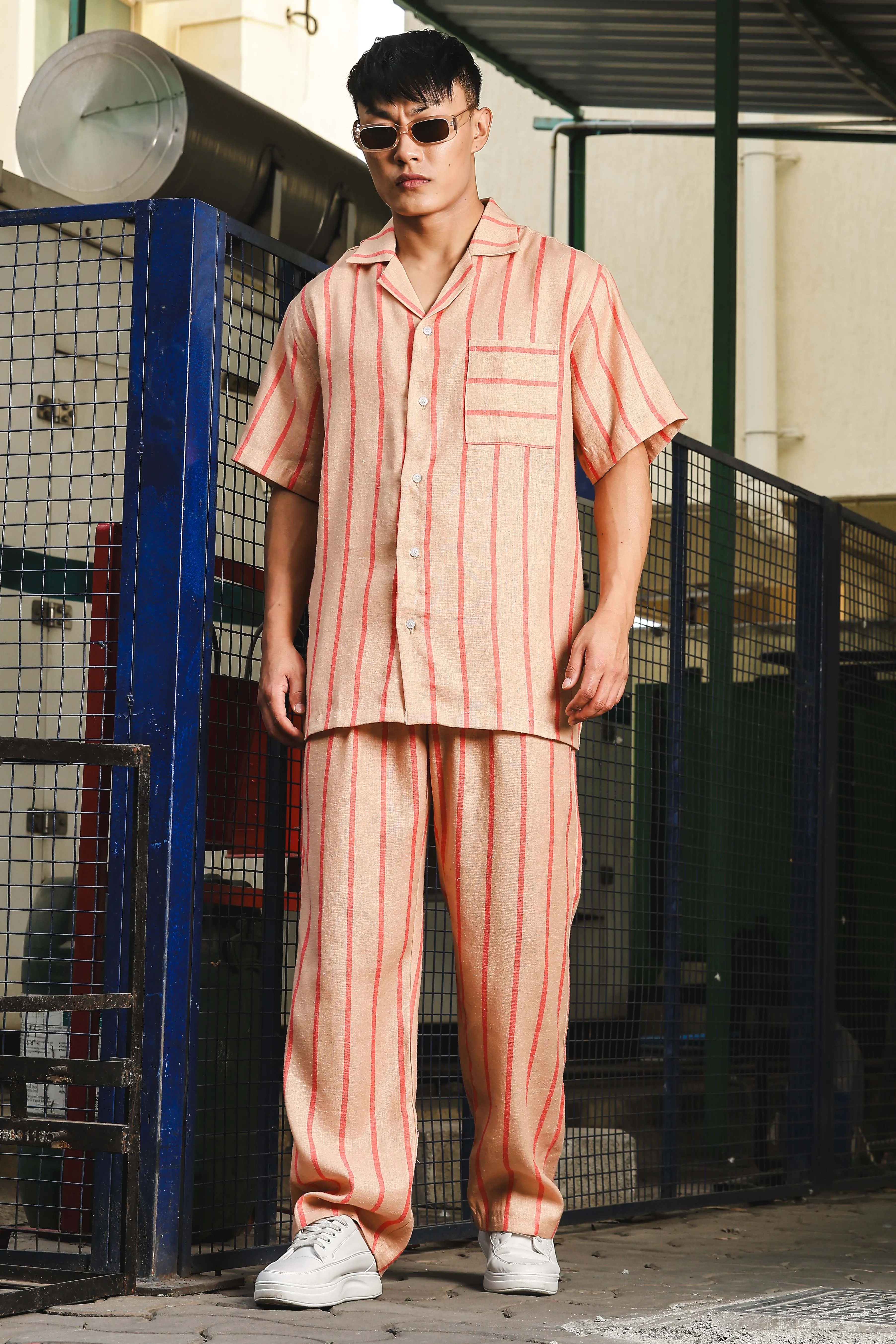 Beige & Orange Striped Linen Blend Gurkha Trousers