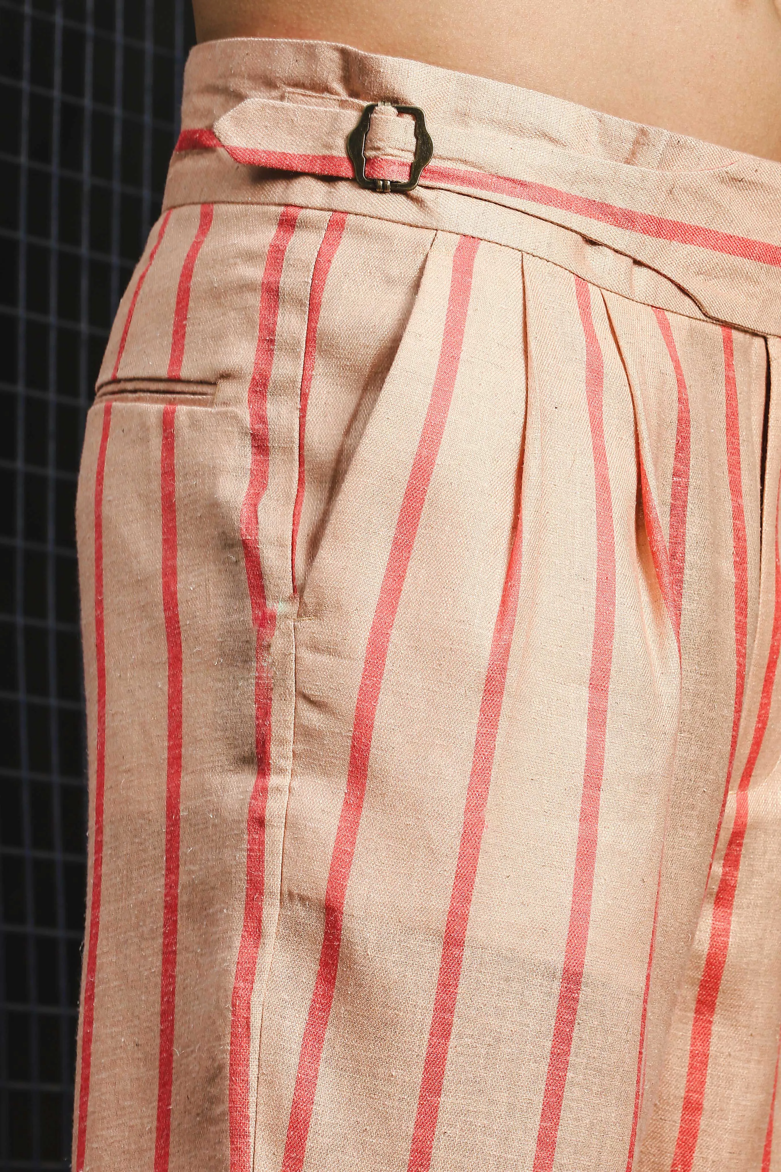 Beige & Orange Striped Linen Blend Gurkha Trousers