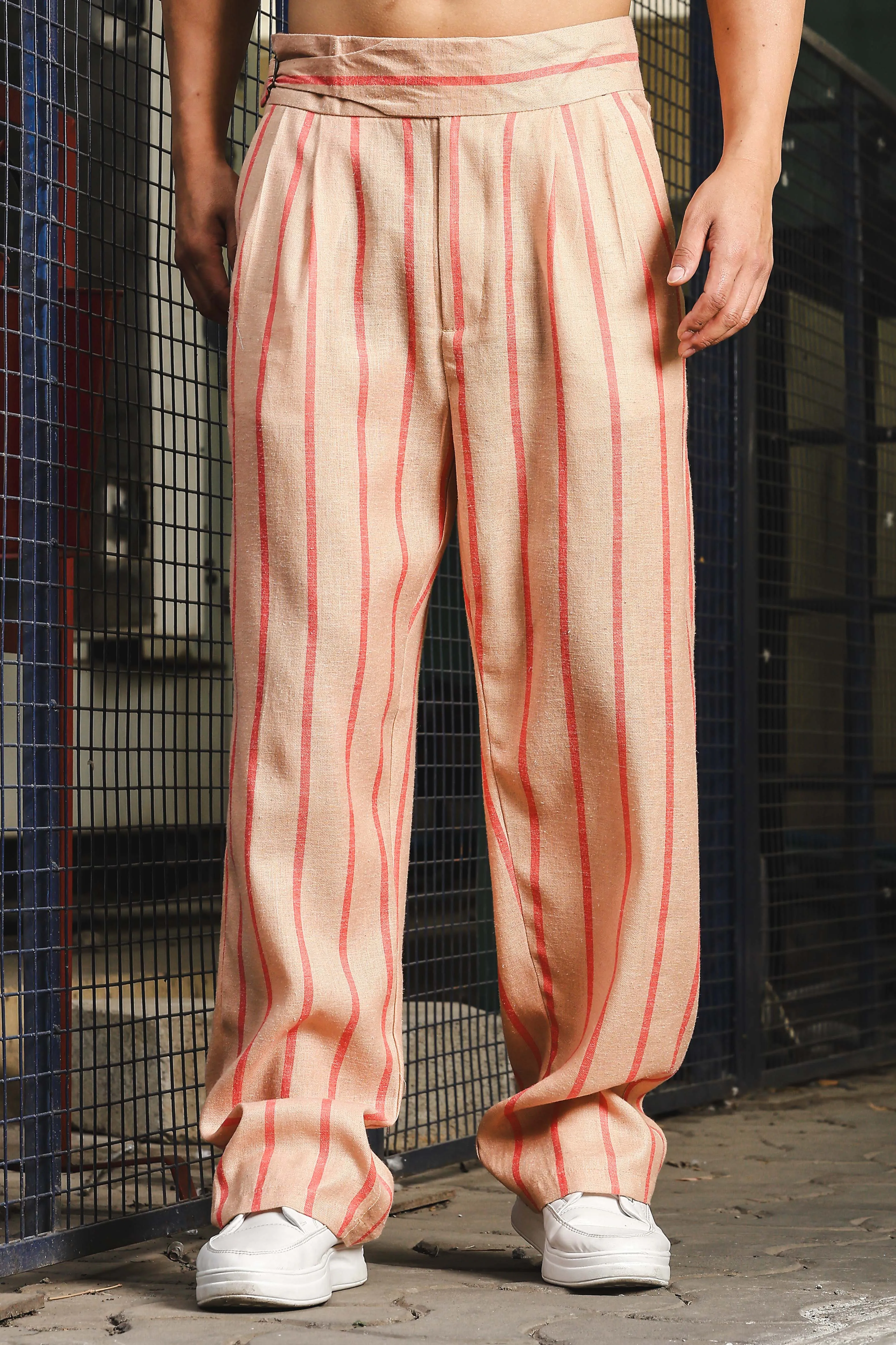 Beige & Orange Striped Linen Blend Gurkha Trousers
