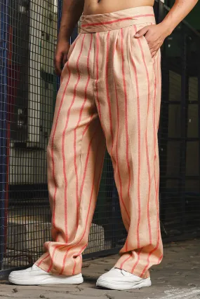 Beige & Orange Striped Linen Blend Gurkha Trousers