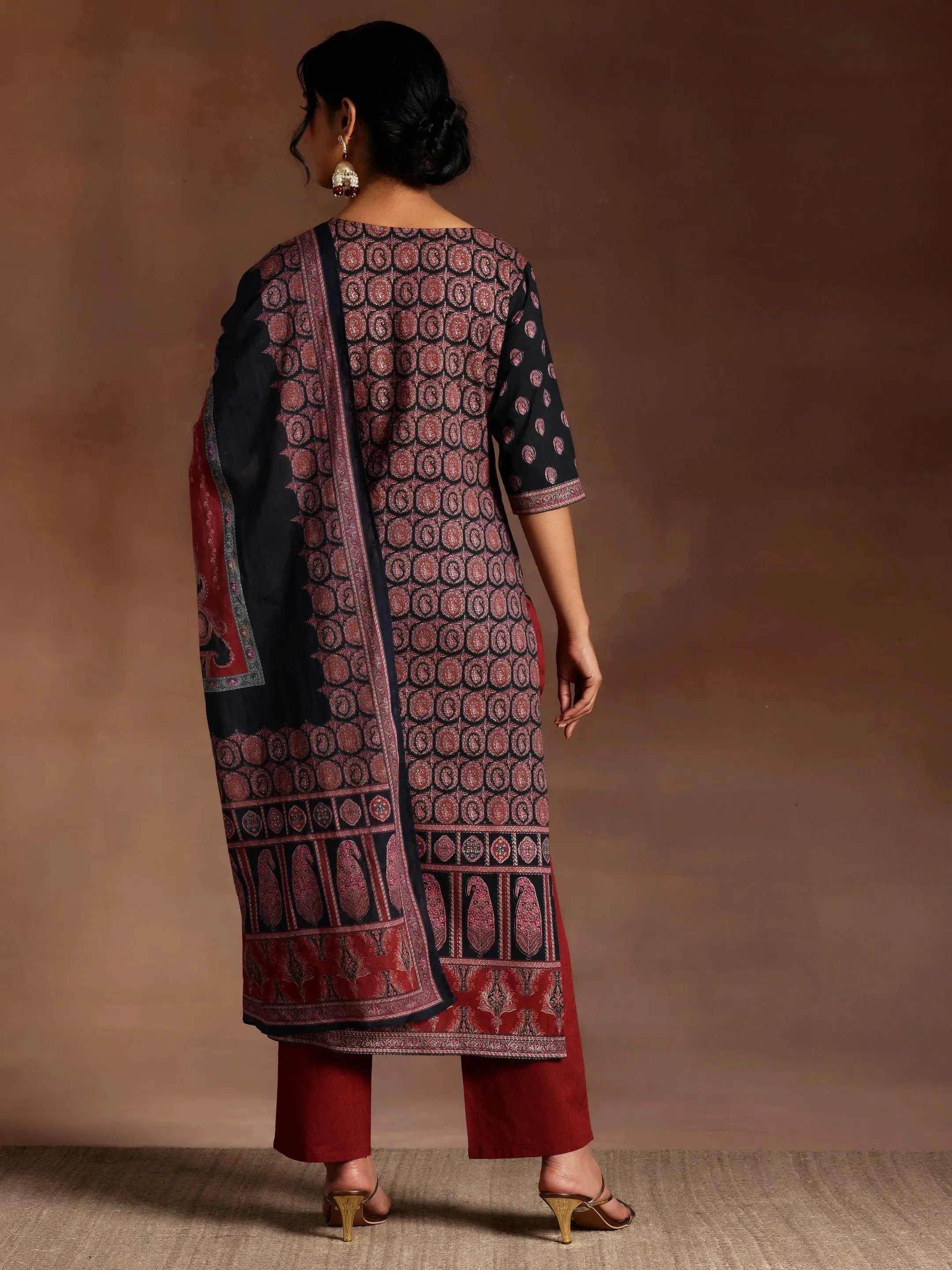Black Printed Crepe Straight Suit With Dupatta