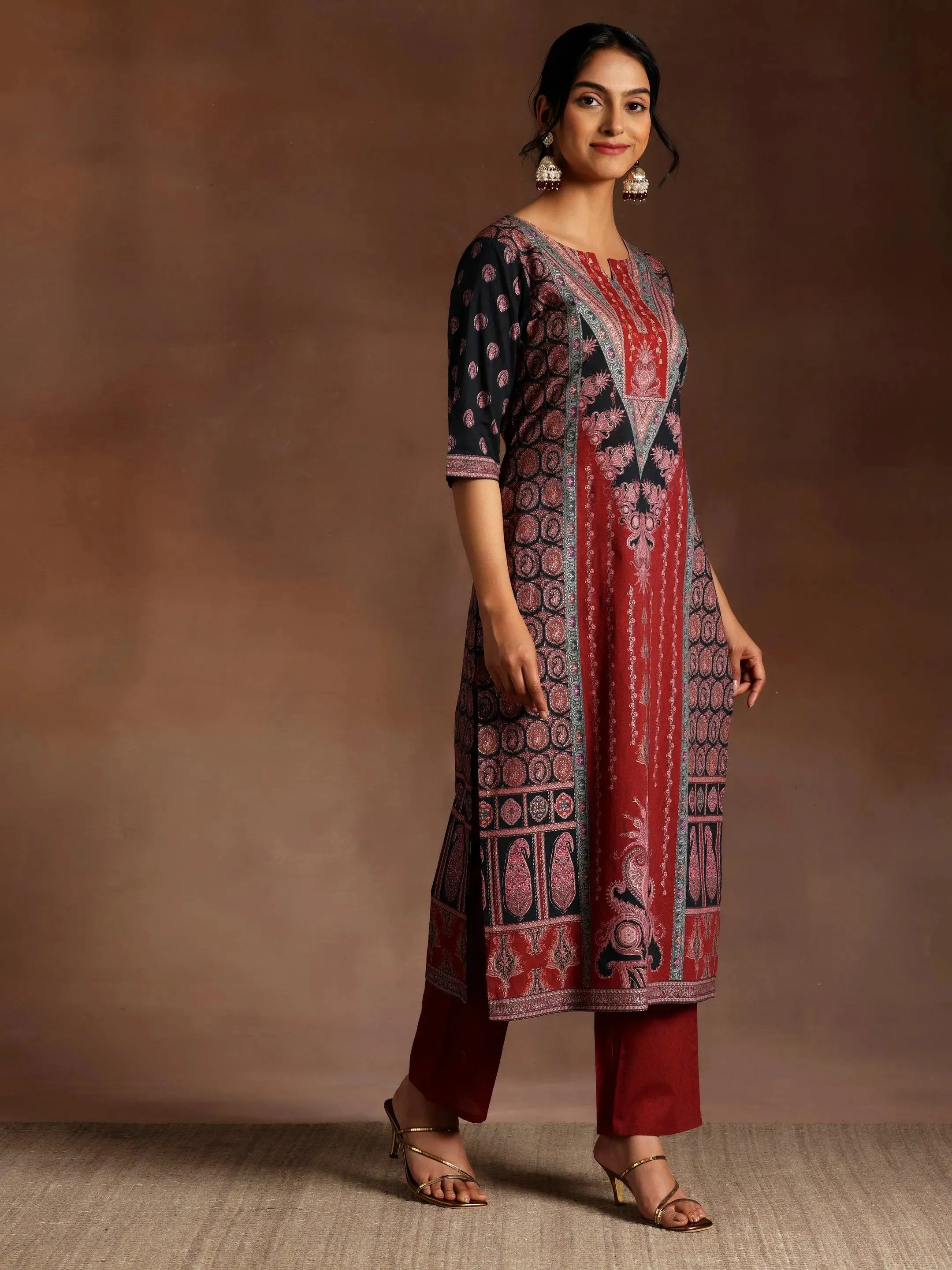 Black Printed Crepe Straight Suit With Dupatta