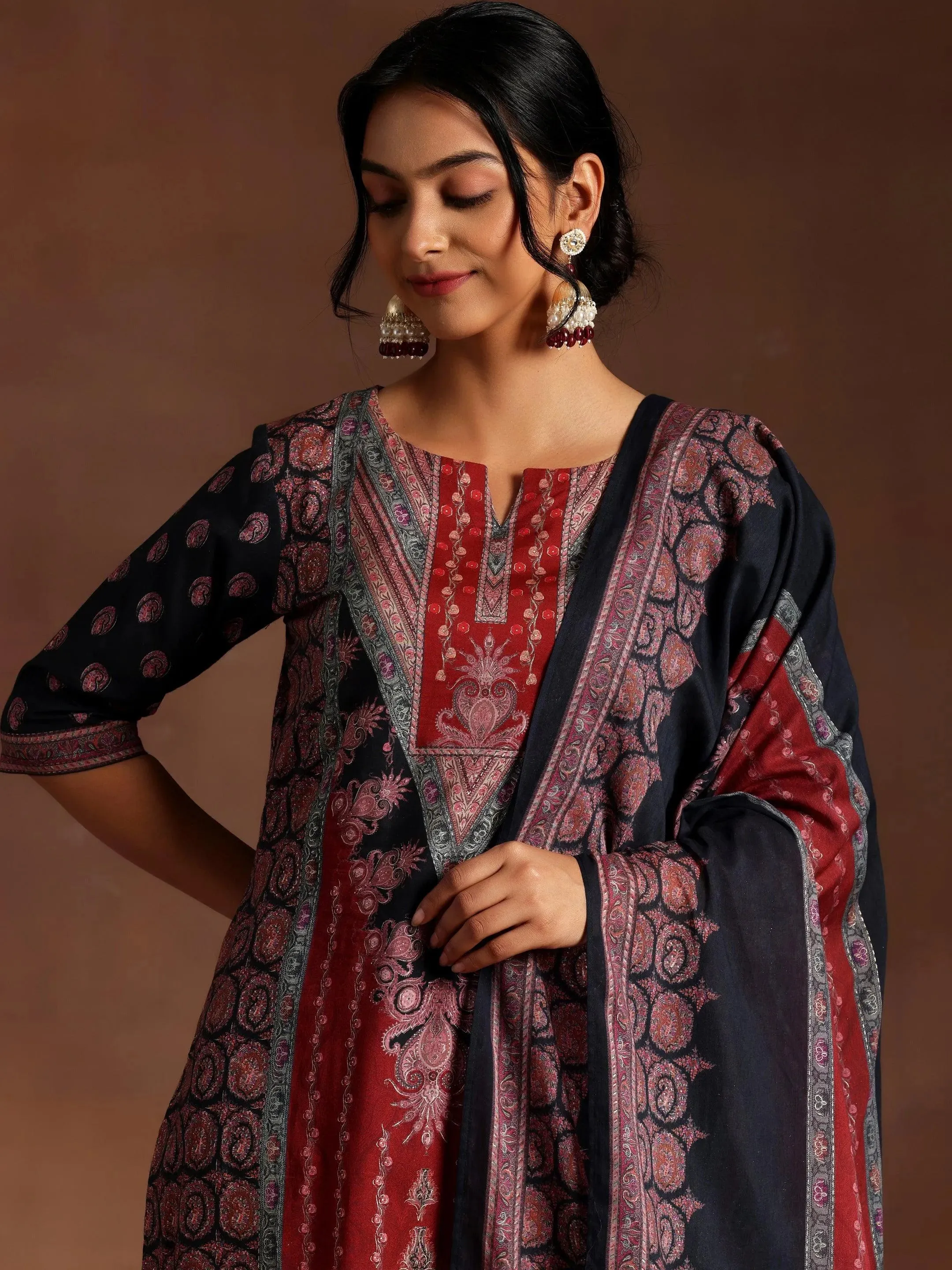 Black Printed Crepe Straight Suit With Dupatta