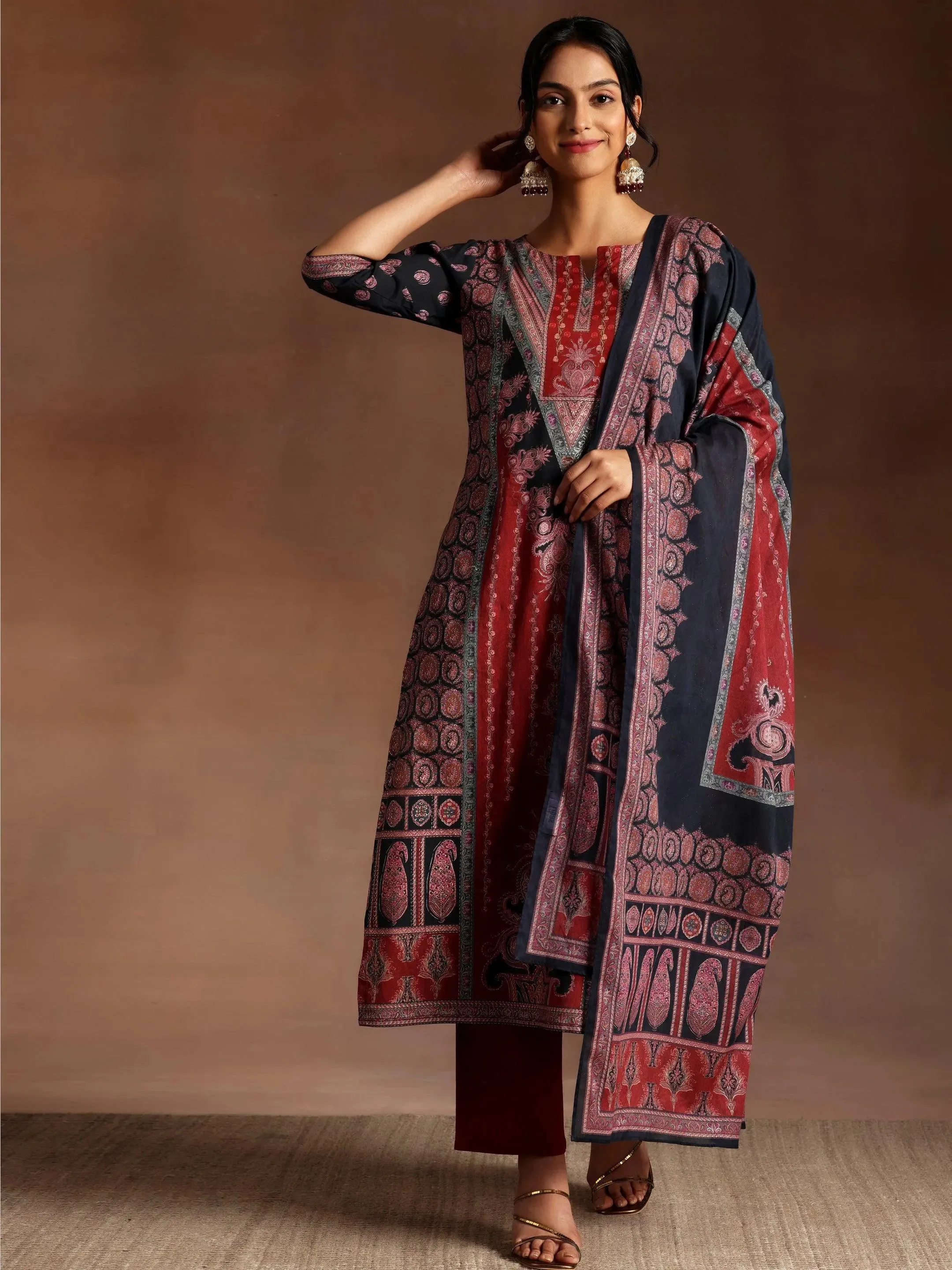 Black Printed Crepe Straight Suit With Dupatta