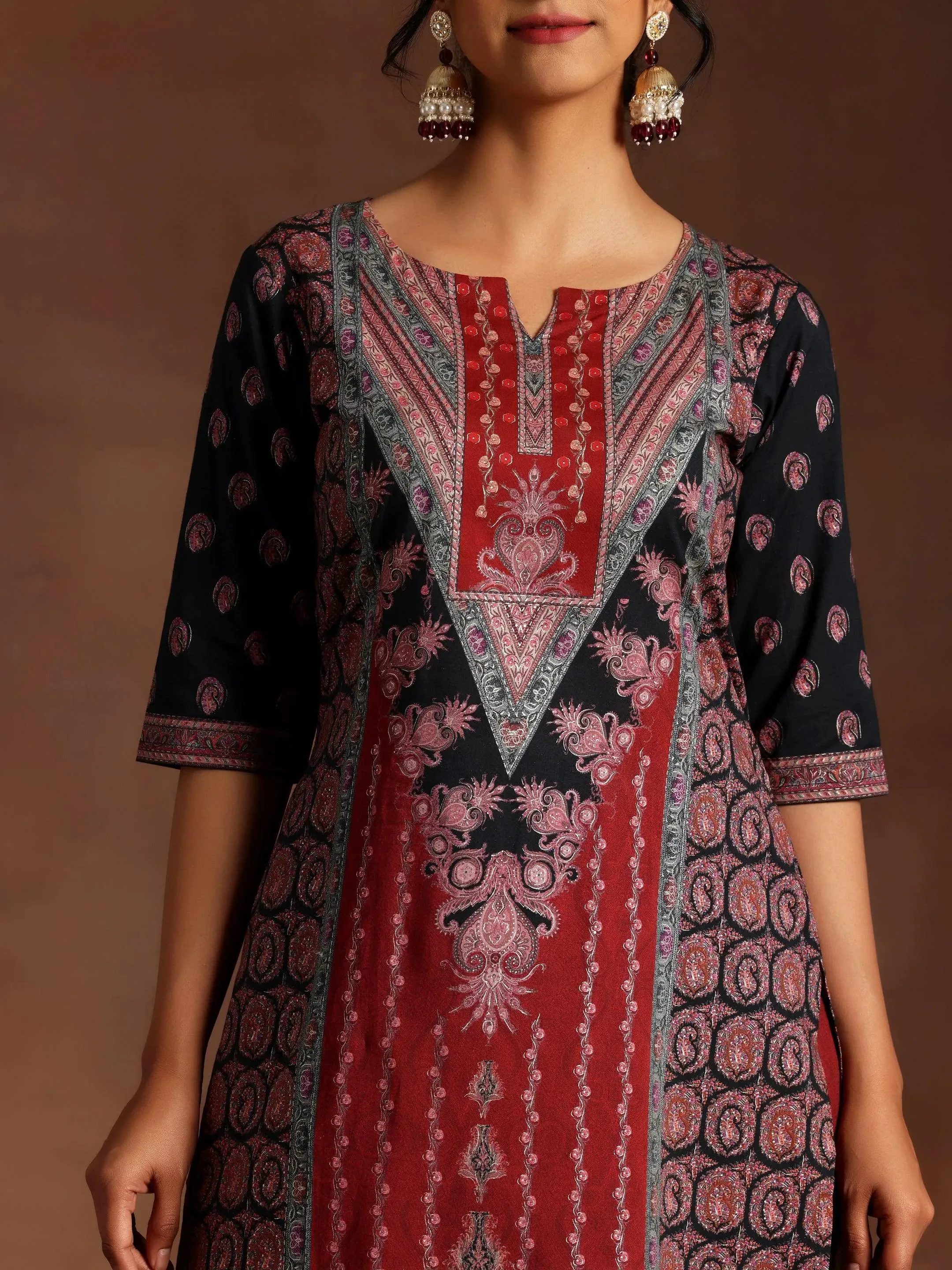 Black Printed Crepe Straight Suit With Dupatta