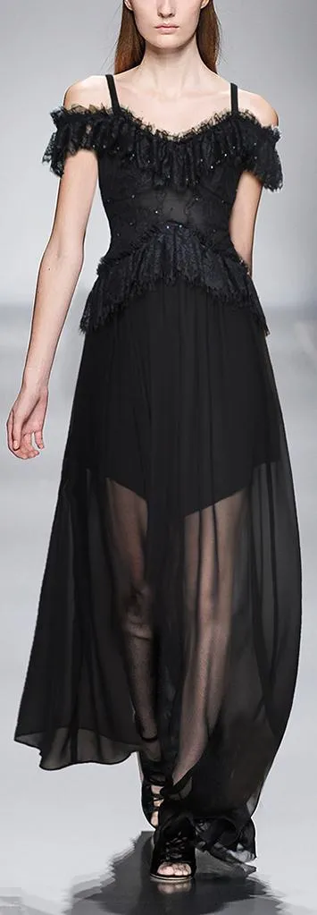 Black Ruffled Lace Cold Shoulder Dress