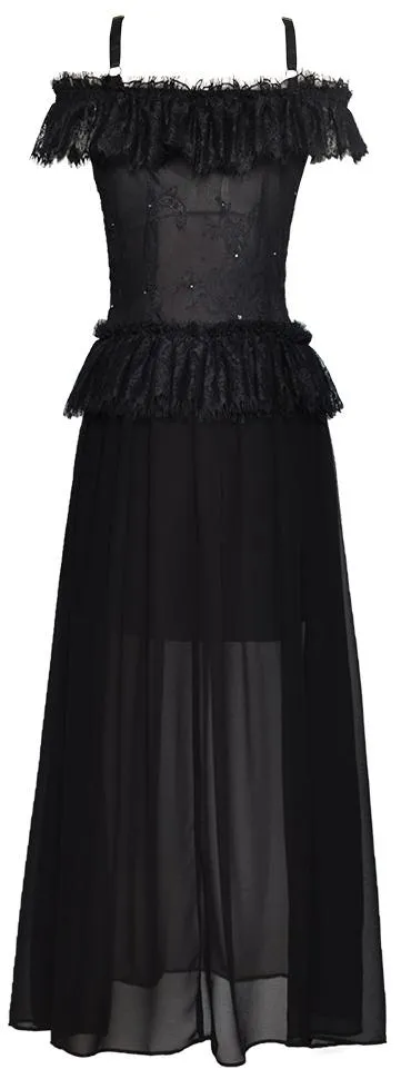 Black Ruffled Lace Cold Shoulder Dress