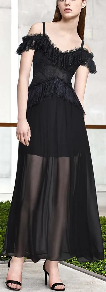 Black Ruffled Lace Cold Shoulder Dress