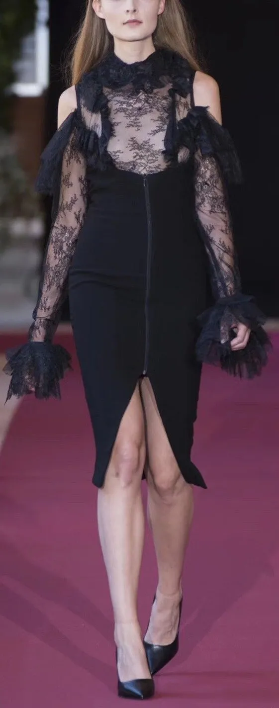 Black Ruffled Lace Stretch Evening Dress