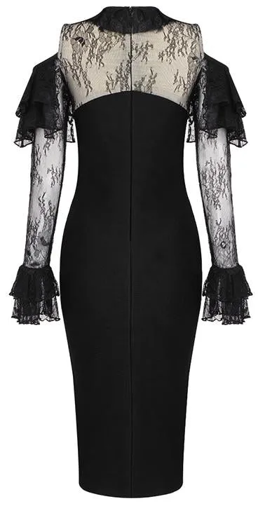 Black Ruffled Lace Stretch Evening Dress