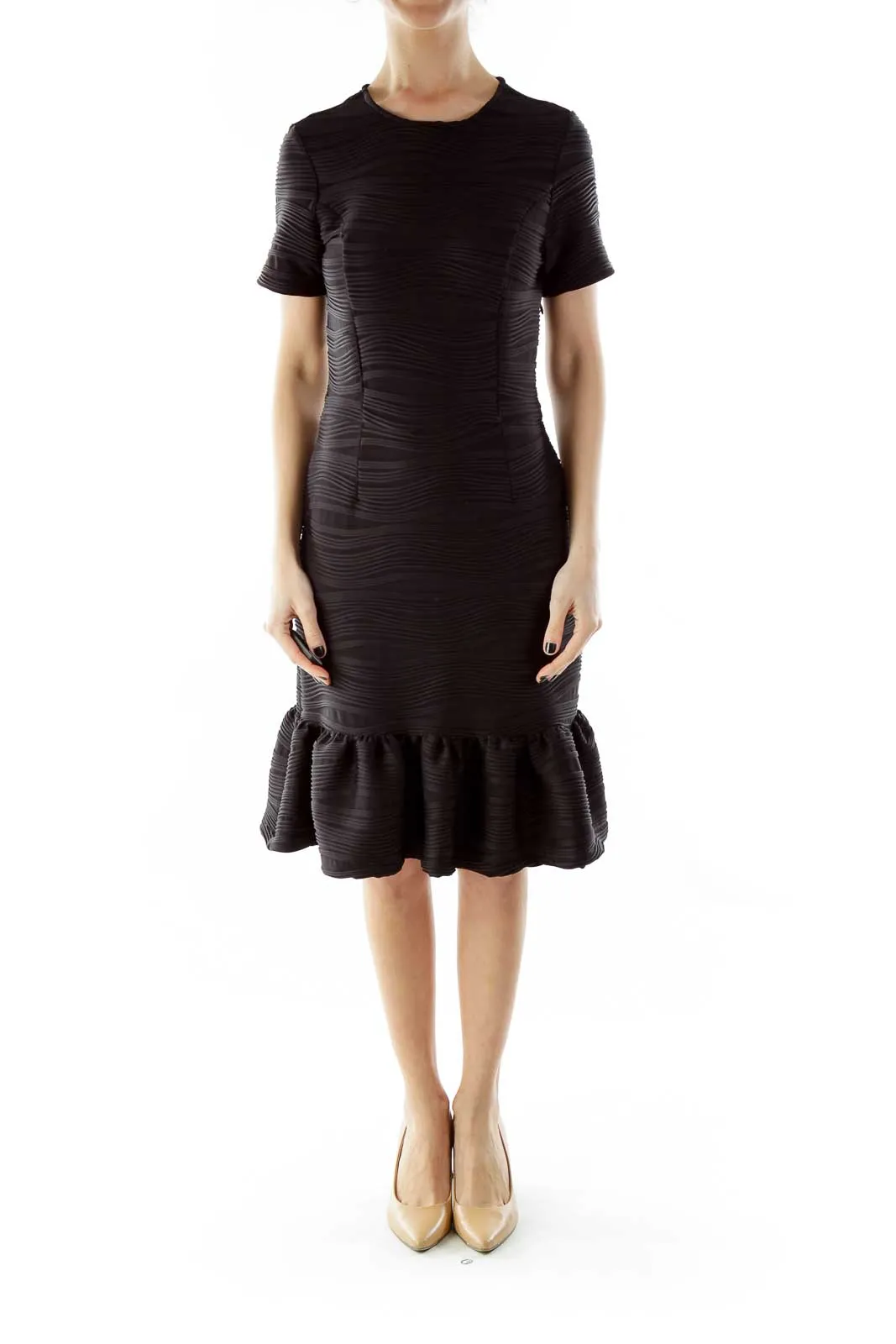 Black Textured Ruffled Short Sleeve Cocktail Dress