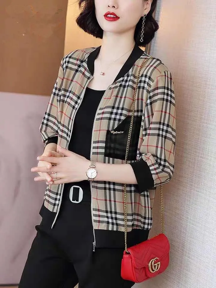 Chiffon Short Women Casual All-Matching Baseball Jersey Tops Three-Quarter Length Sleeves Chequered Jacket Outerwear