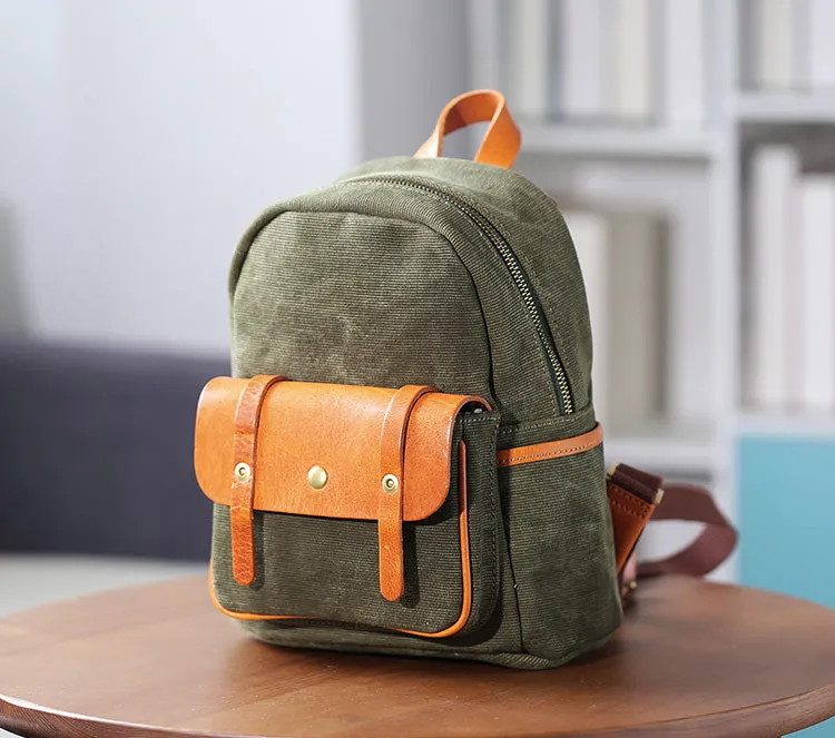 Cute Women's White Canvas With Leathrer Backpack Purse Canvas Rucksack
