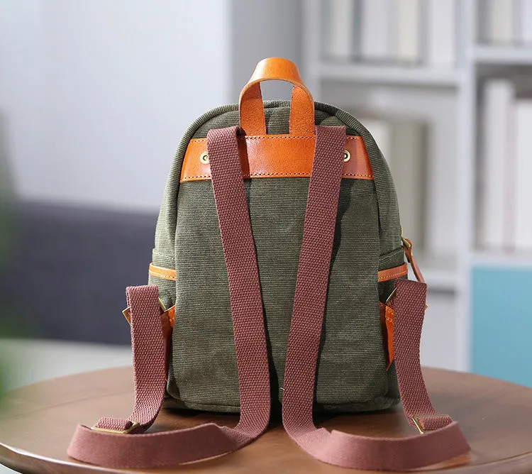 Cute Women's White Canvas With Leathrer Backpack Purse Canvas Rucksack