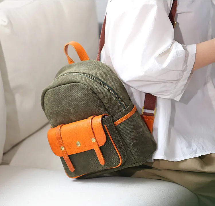 Cute Women's White Canvas With Leathrer Backpack Purse Canvas Rucksack