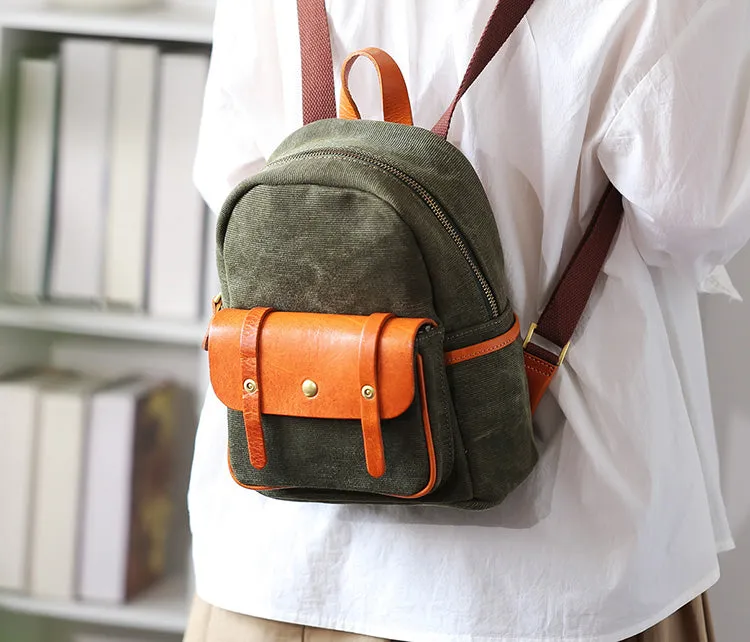 Cute Women's White Canvas With Leathrer Backpack Purse Canvas Rucksack