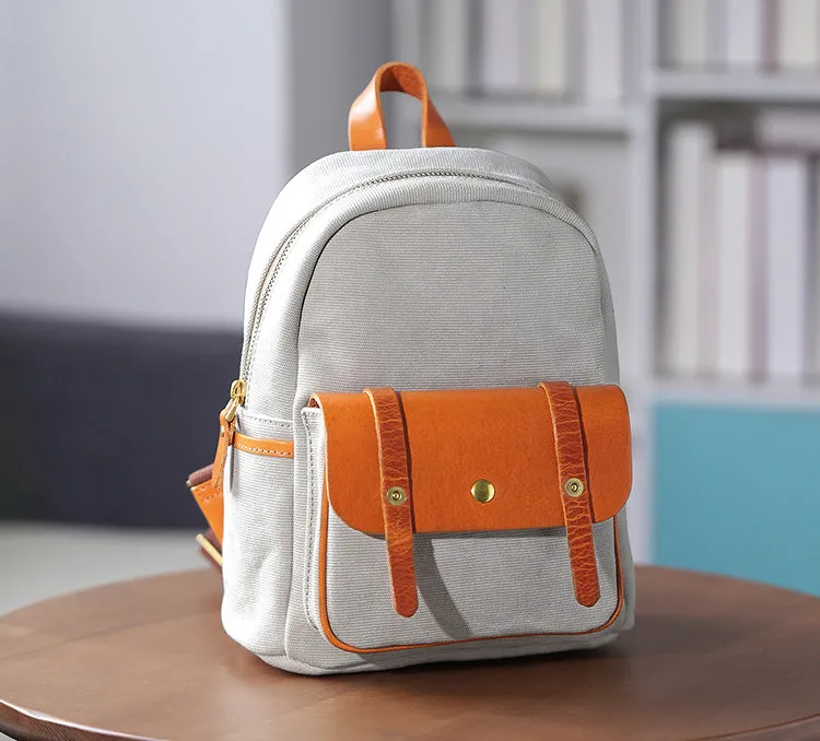 Cute Women's White Canvas With Leathrer Backpack Purse Canvas Rucksack