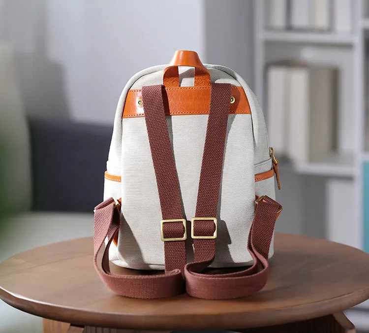 Cute Women's White Canvas With Leathrer Backpack Purse Canvas Rucksack