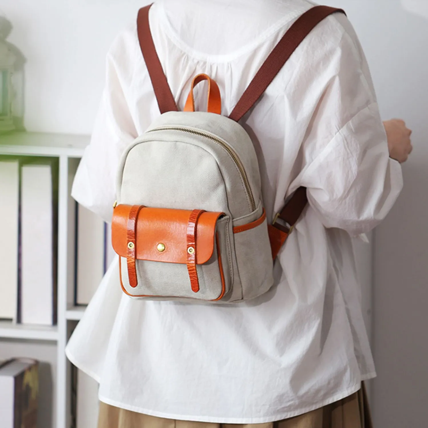 Cute Women's White Canvas With Leathrer Backpack Purse Canvas Rucksack