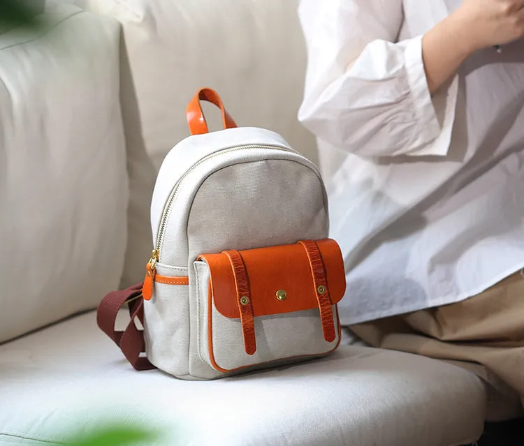 Cute Women's White Canvas With Leathrer Backpack Purse Canvas Rucksack