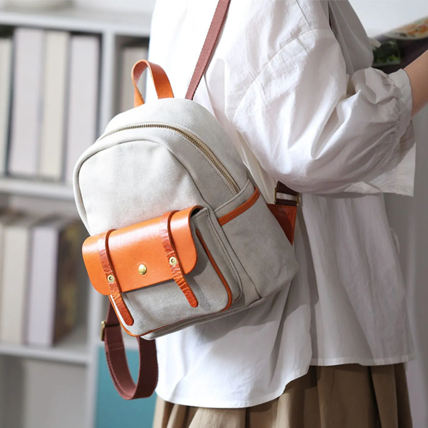 Cute Women's White Canvas With Leathrer Backpack Purse Canvas Rucksack