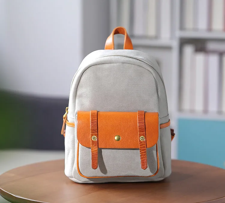 Cute Women's White Canvas With Leathrer Backpack Purse Canvas Rucksack