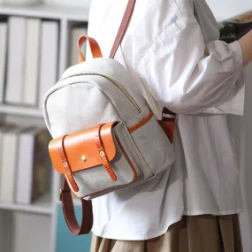 Cute Women's White Canvas With Leathrer Backpack Purse Canvas Rucksack