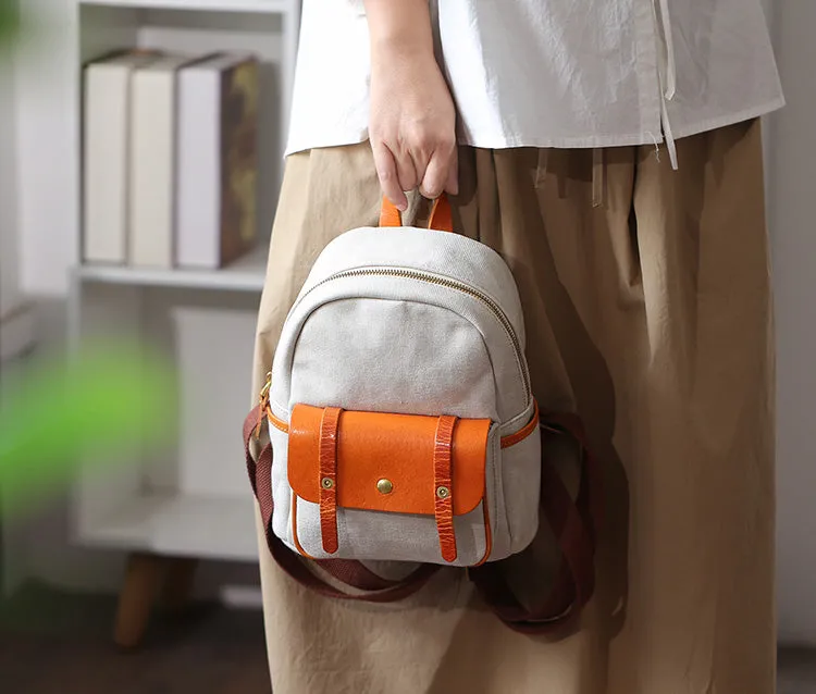 Cute Women's White Canvas With Leathrer Backpack Purse Canvas Rucksack