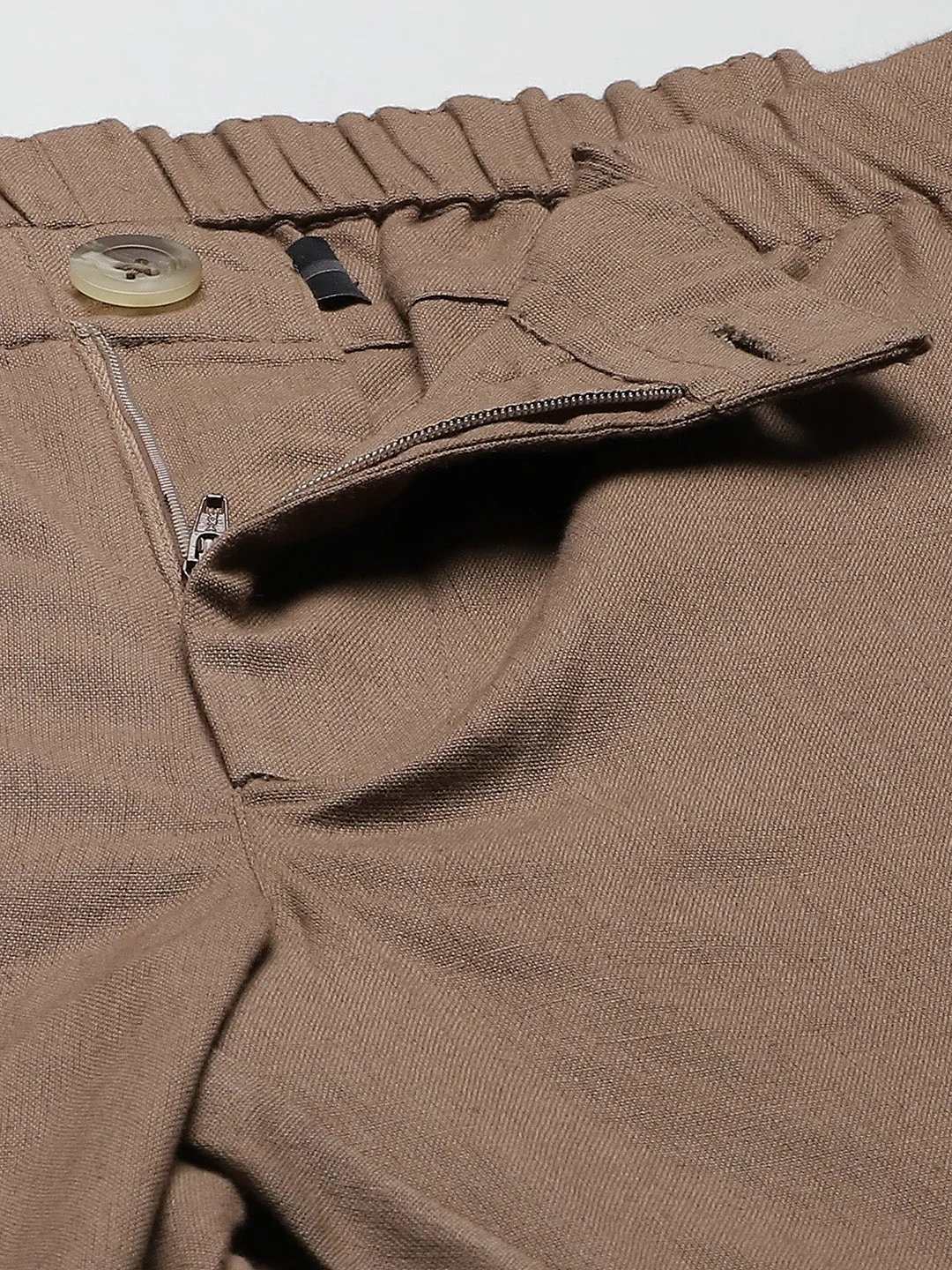 DENNISON Men Taupe Relaxed Tapered Fit Easy Wash Trousers