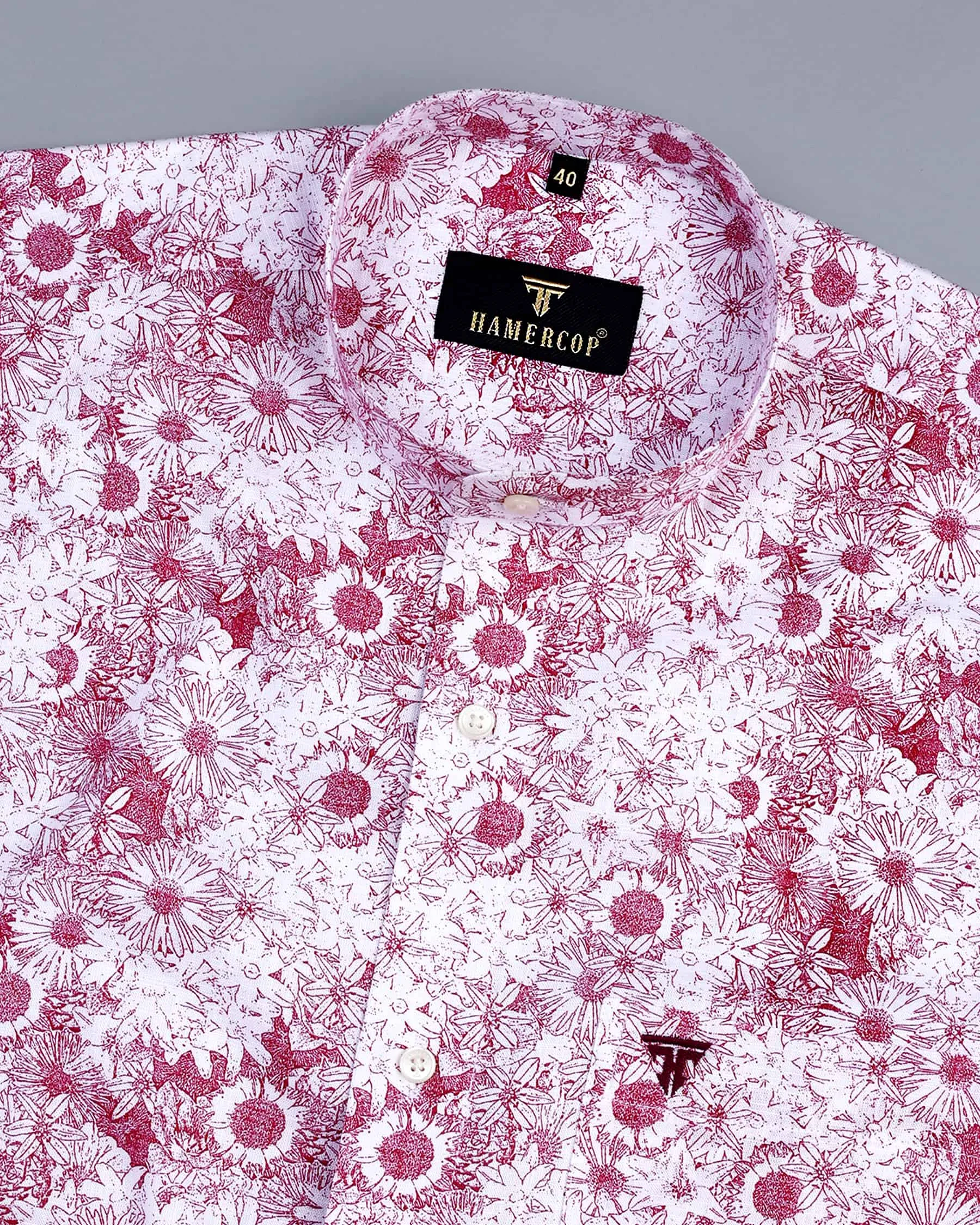 Ditzy Pink Flower Printed White Amsler Linen Cotton Shirt