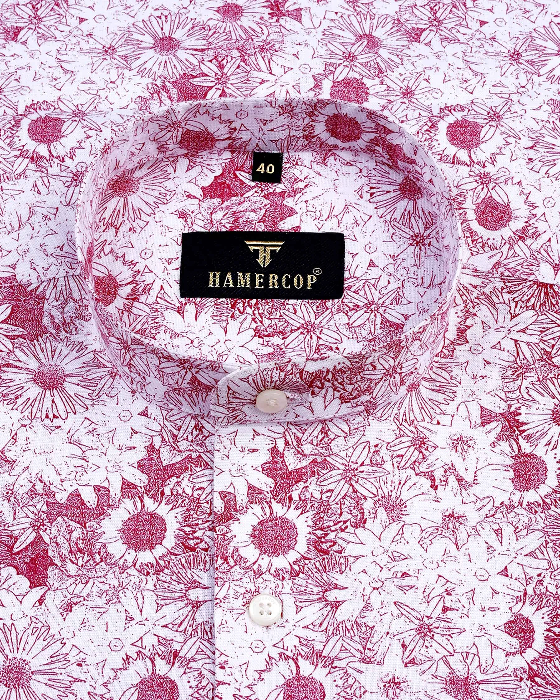 Ditzy Pink Flower Printed White Amsler Linen Cotton Shirt