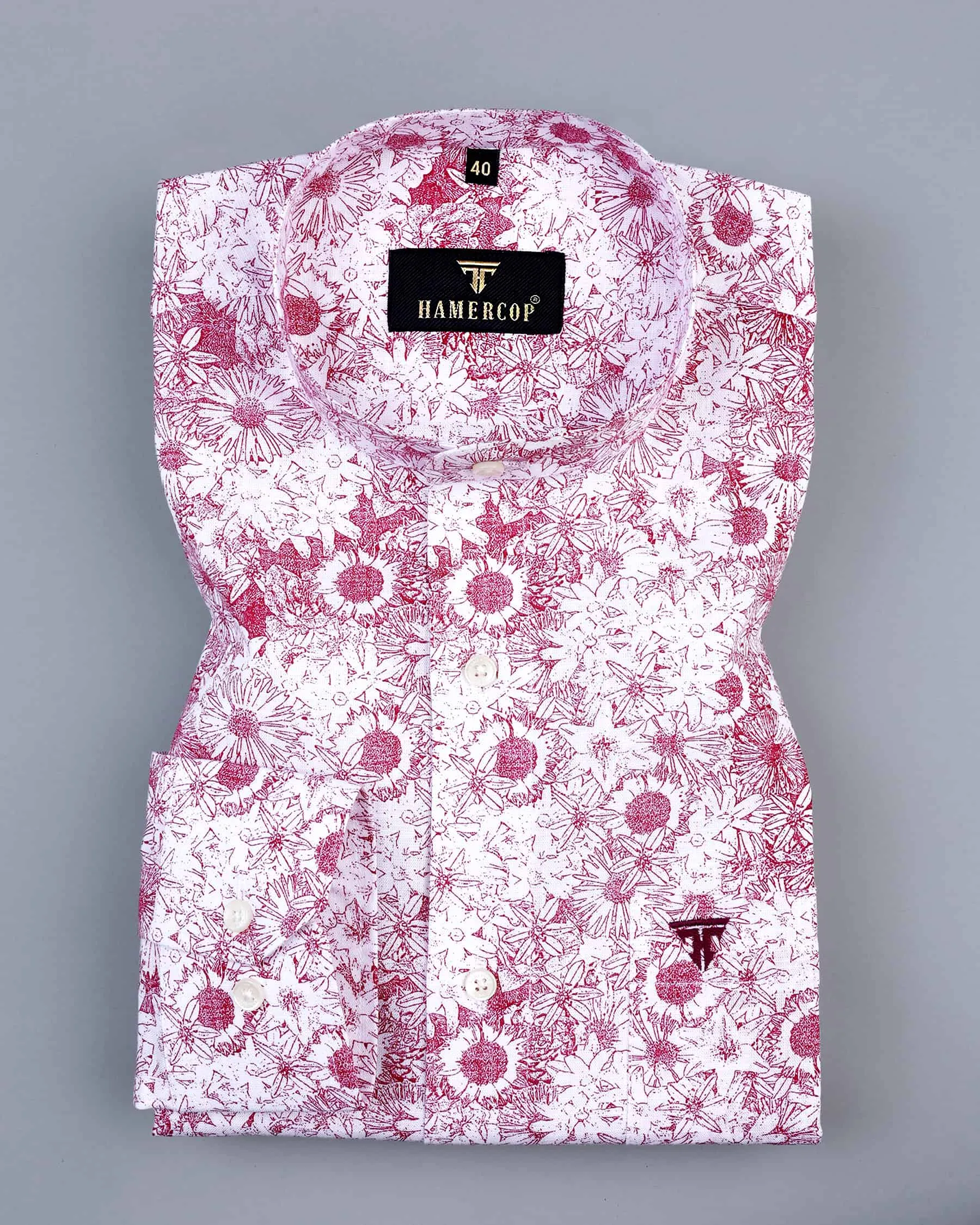 Ditzy Pink Flower Printed White Amsler Linen Cotton Shirt