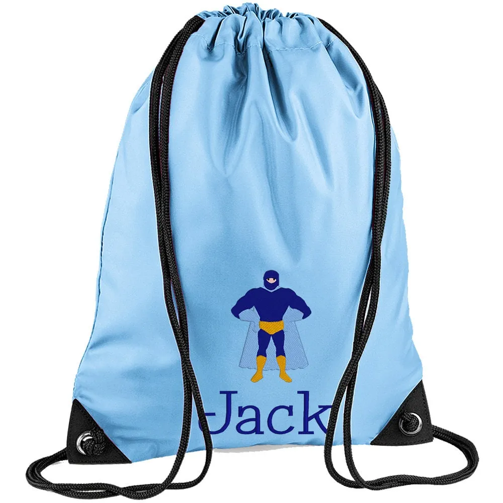 Embroidered Superhero Standing Personalised PE Bag, Kit Bag Drawstring Bag