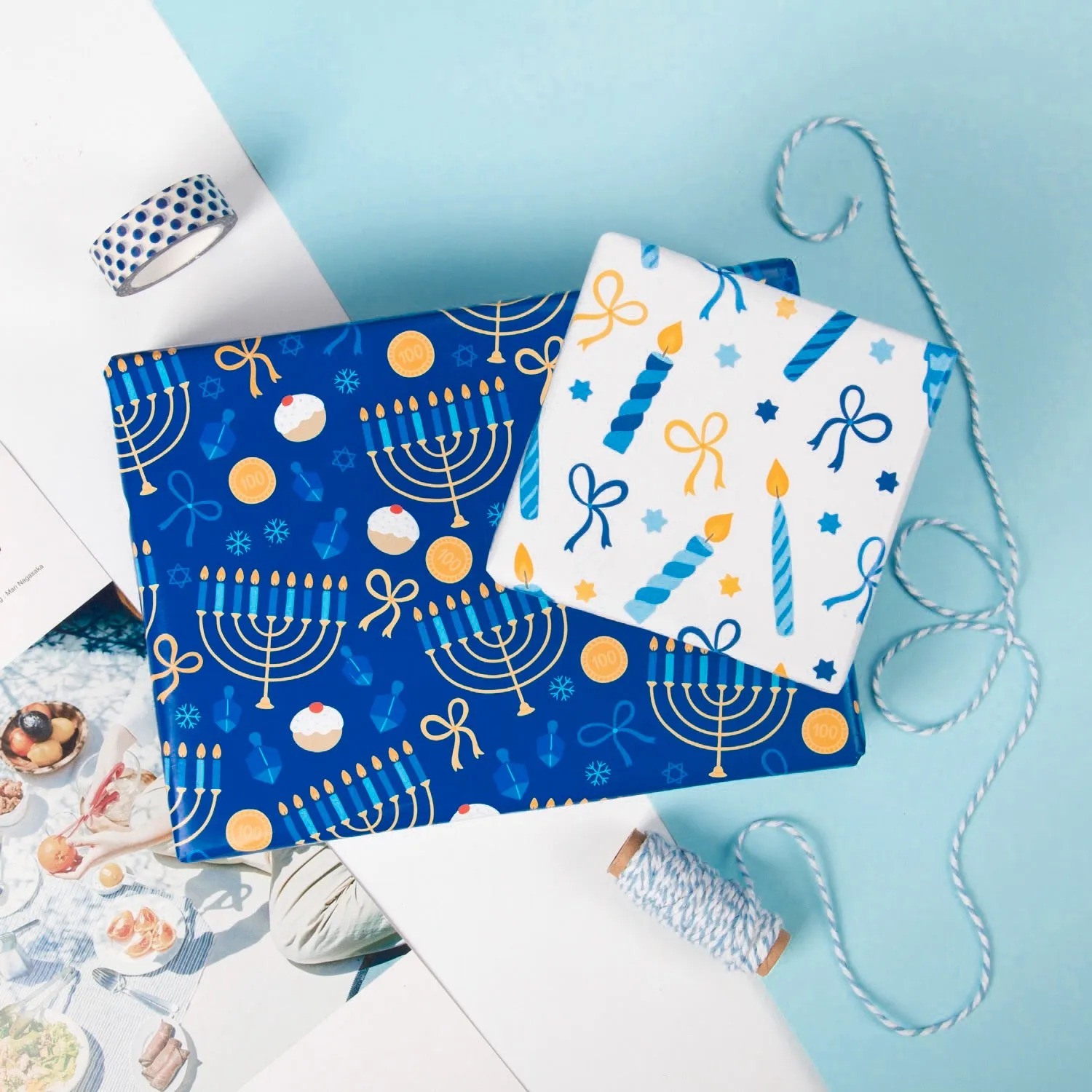 Hanukkah Candles Christmas Wrapping Paper Roll with Light Blue ＆ Deep Blue ＆ Yellow Stripe on Reverse