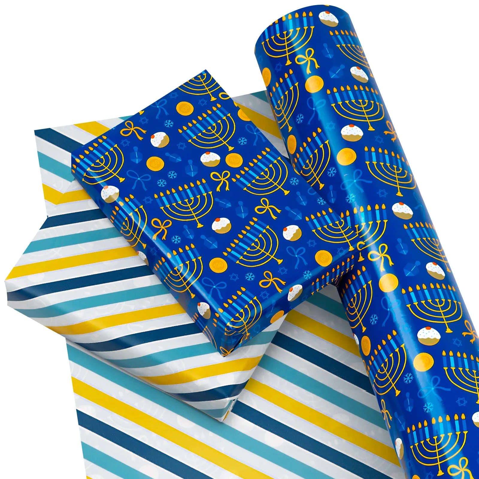 Hanukkah Candles Christmas Wrapping Paper Roll with Light Blue ＆ Deep Blue ＆ Yellow Stripe on Reverse