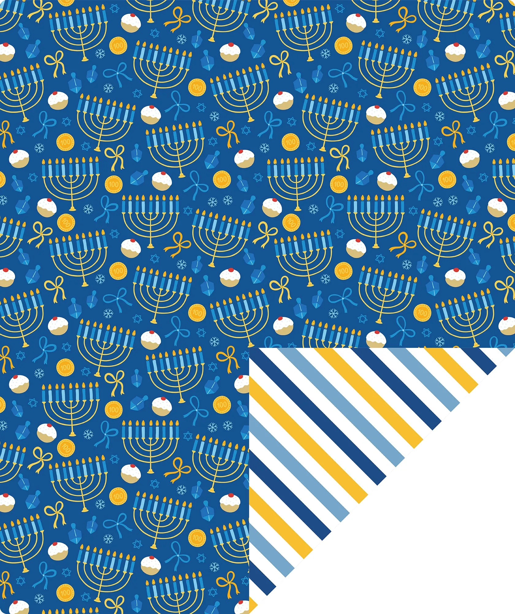 Hanukkah Candles Christmas Wrapping Paper Roll with Light Blue ＆ Deep Blue ＆ Yellow Stripe on Reverse