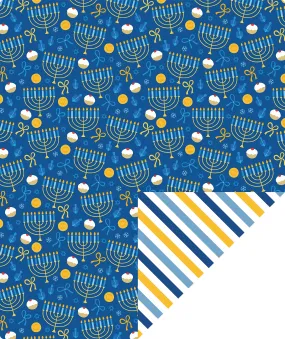 Hanukkah Candles Christmas Wrapping Paper Roll with Light Blue ＆ Deep Blue ＆ Yellow Stripe on Reverse