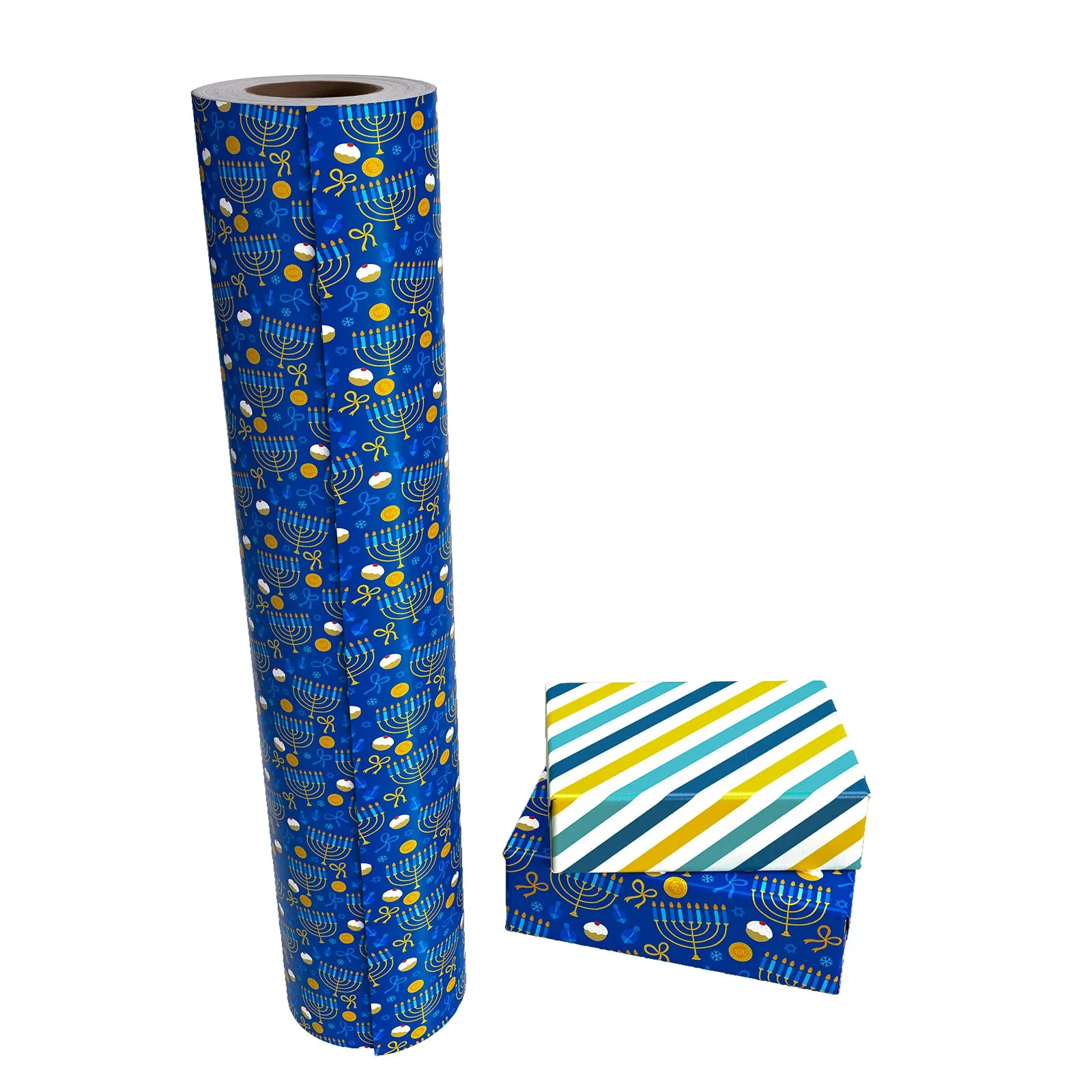 Hanukkah Candles Christmas Wrapping Paper Roll with Light Blue ＆ Deep Blue ＆ Yellow Stripe on Reverse
