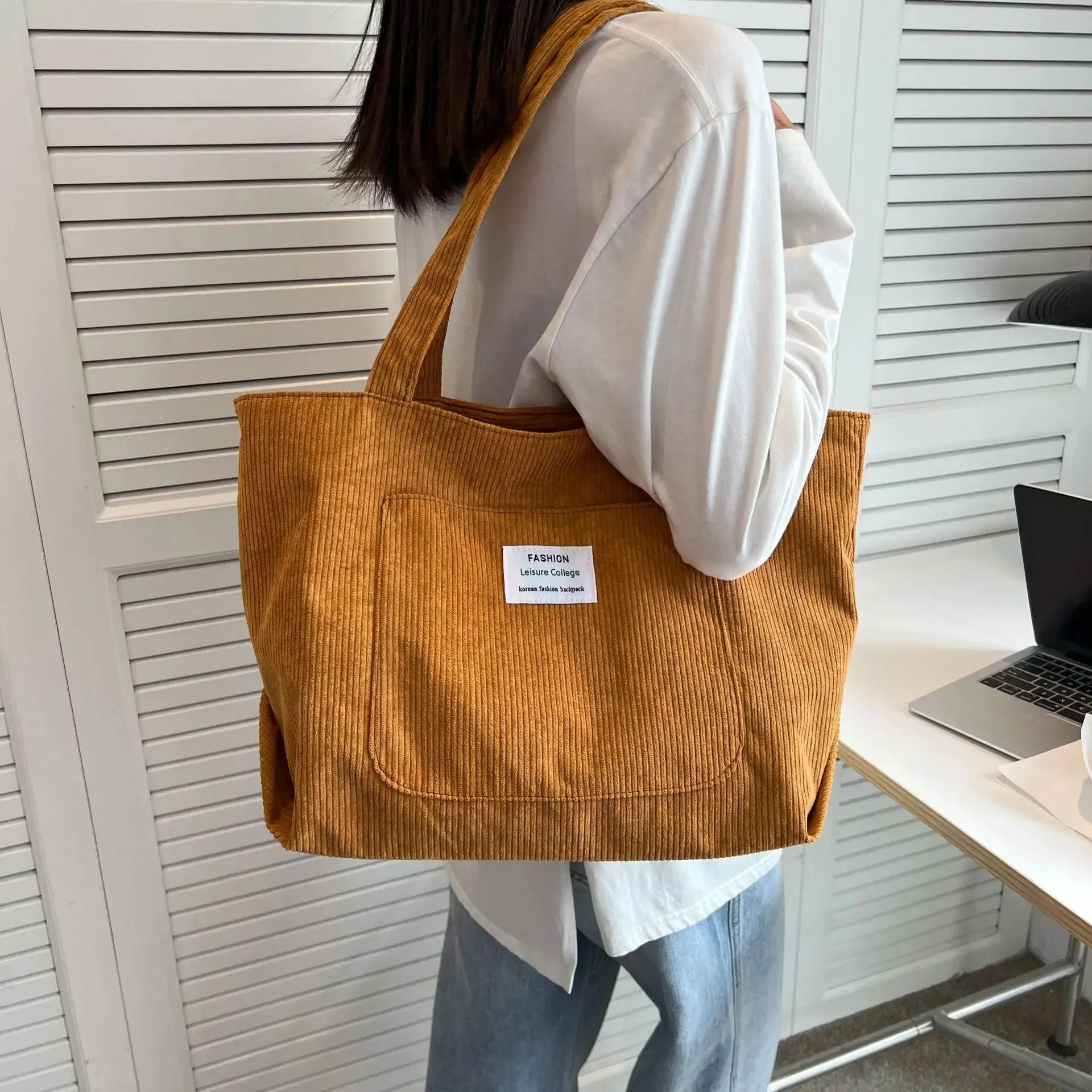 Large Capacity Corduroy Shoulder Bag New Fashion Simple Handbag Leisure Student Side Bags for Woman