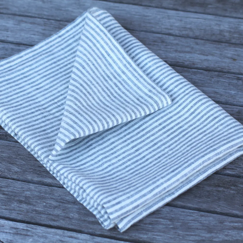 Linen Hand Towel - Stonewashed - Grey-Blue White Thin Stripes - Thin Linen