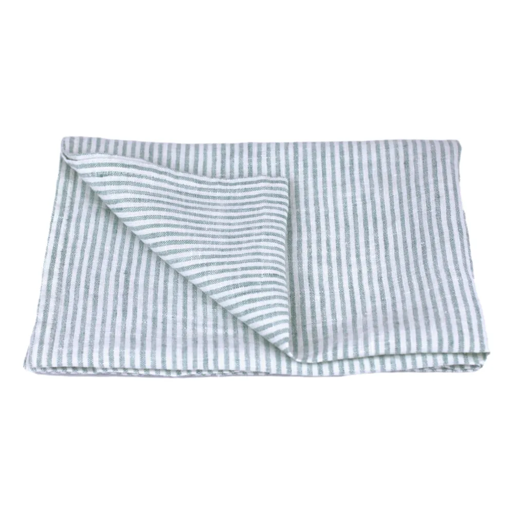 Linen Hand Towel - Stonewashed - Light Green White Thin Stripes - Thin Linen