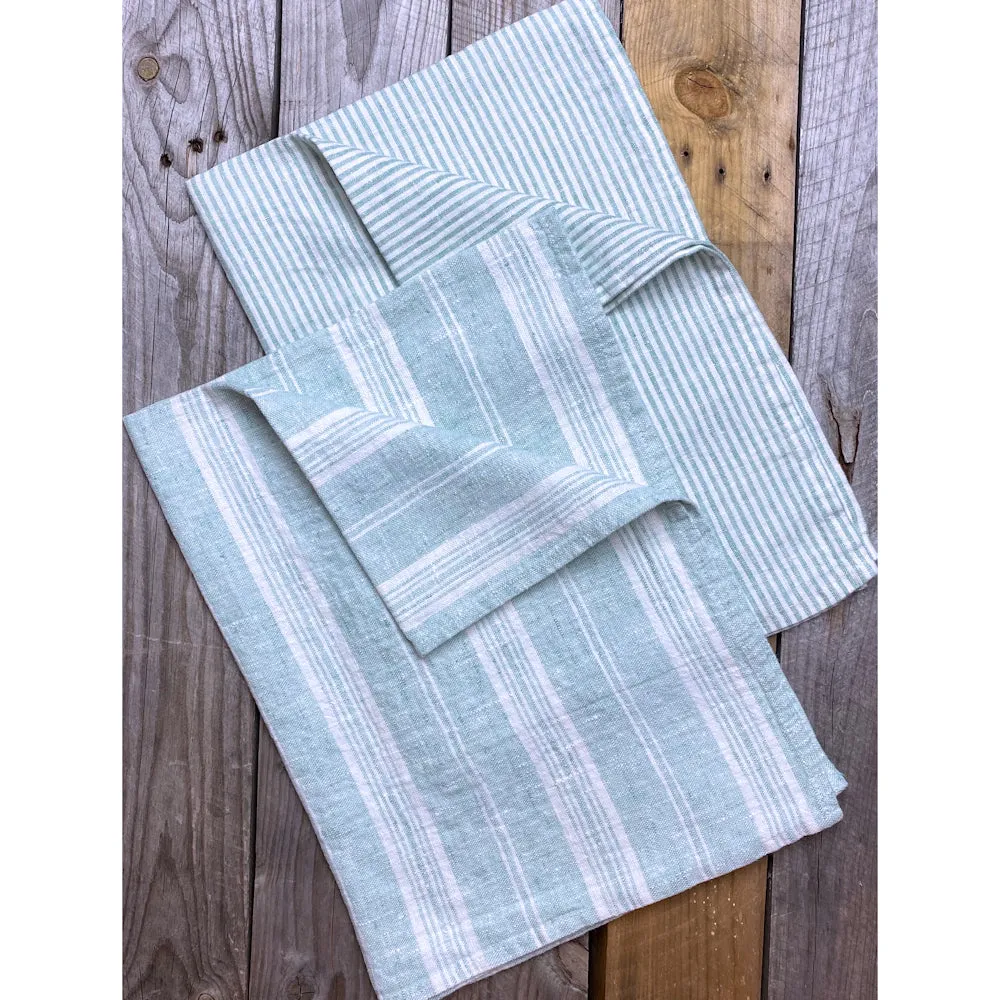 Linen Hand Towel - Stonewashed - Light Green White Thin Stripes - Thin Linen