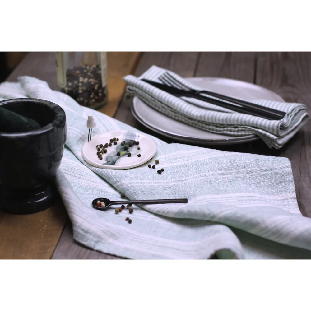 Linen Hand Towel - Stonewashed - Light Green White Thin Stripes - Thin Linen
