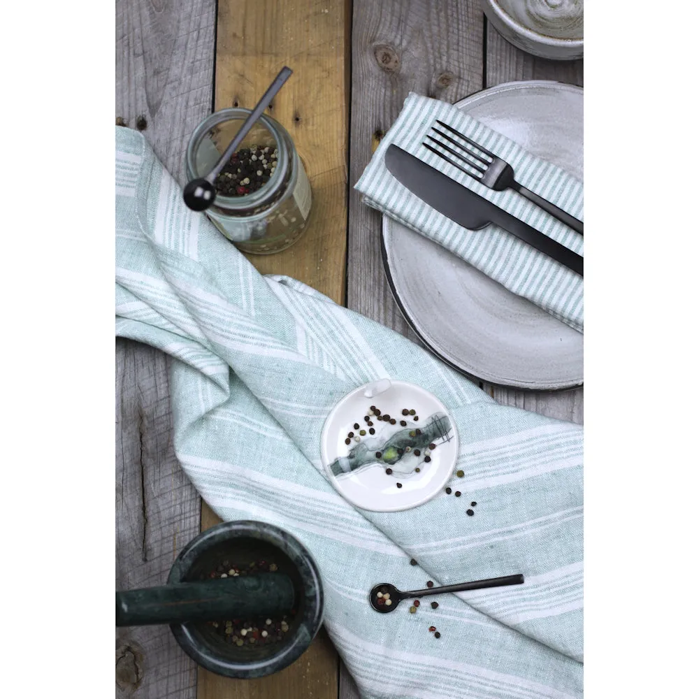 Linen Hand Towel - Stonewashed - Light Green White Thin Stripes - Thin Linen