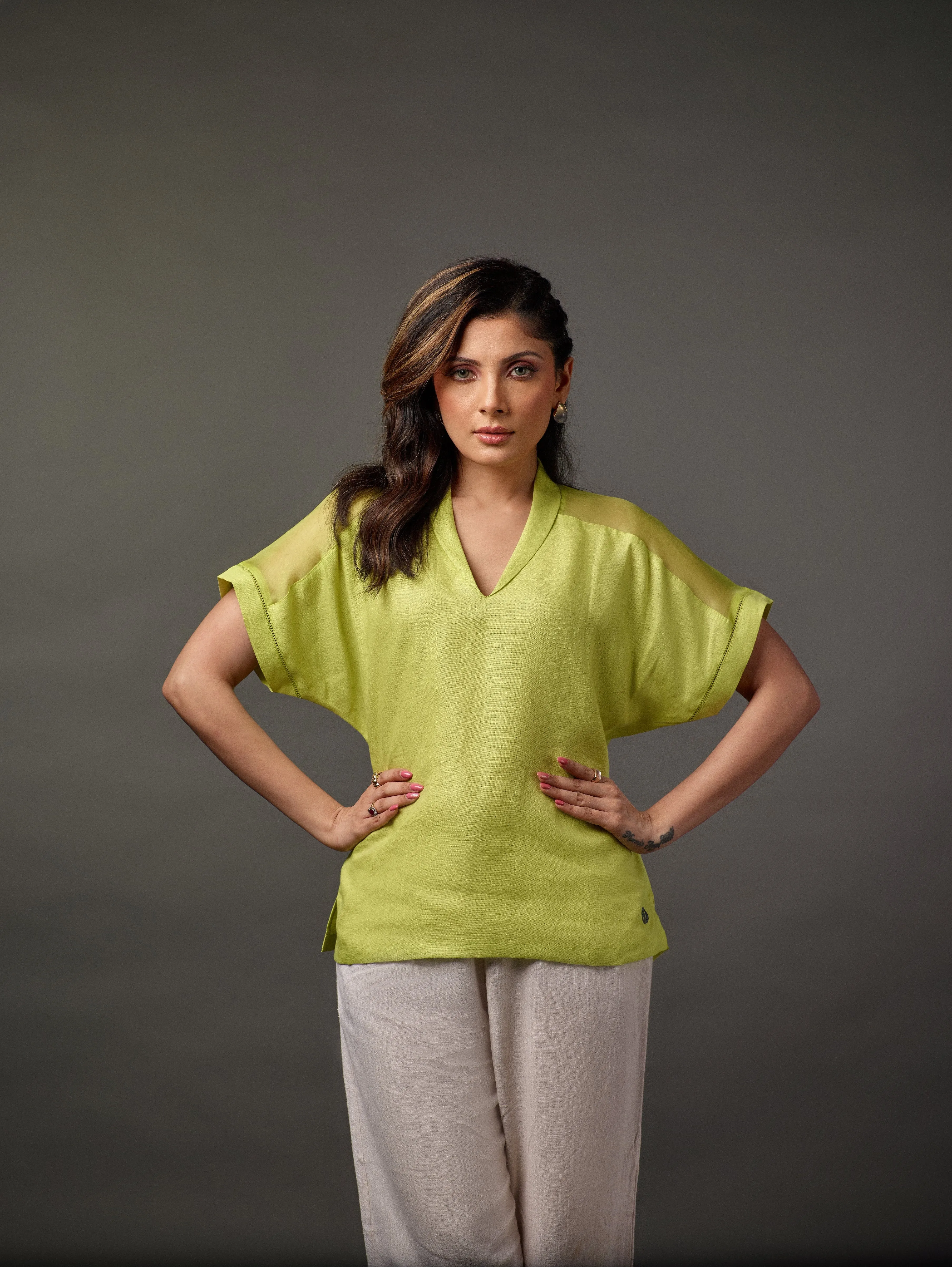Linen Shawl Collar Top with Dolman Sleeve