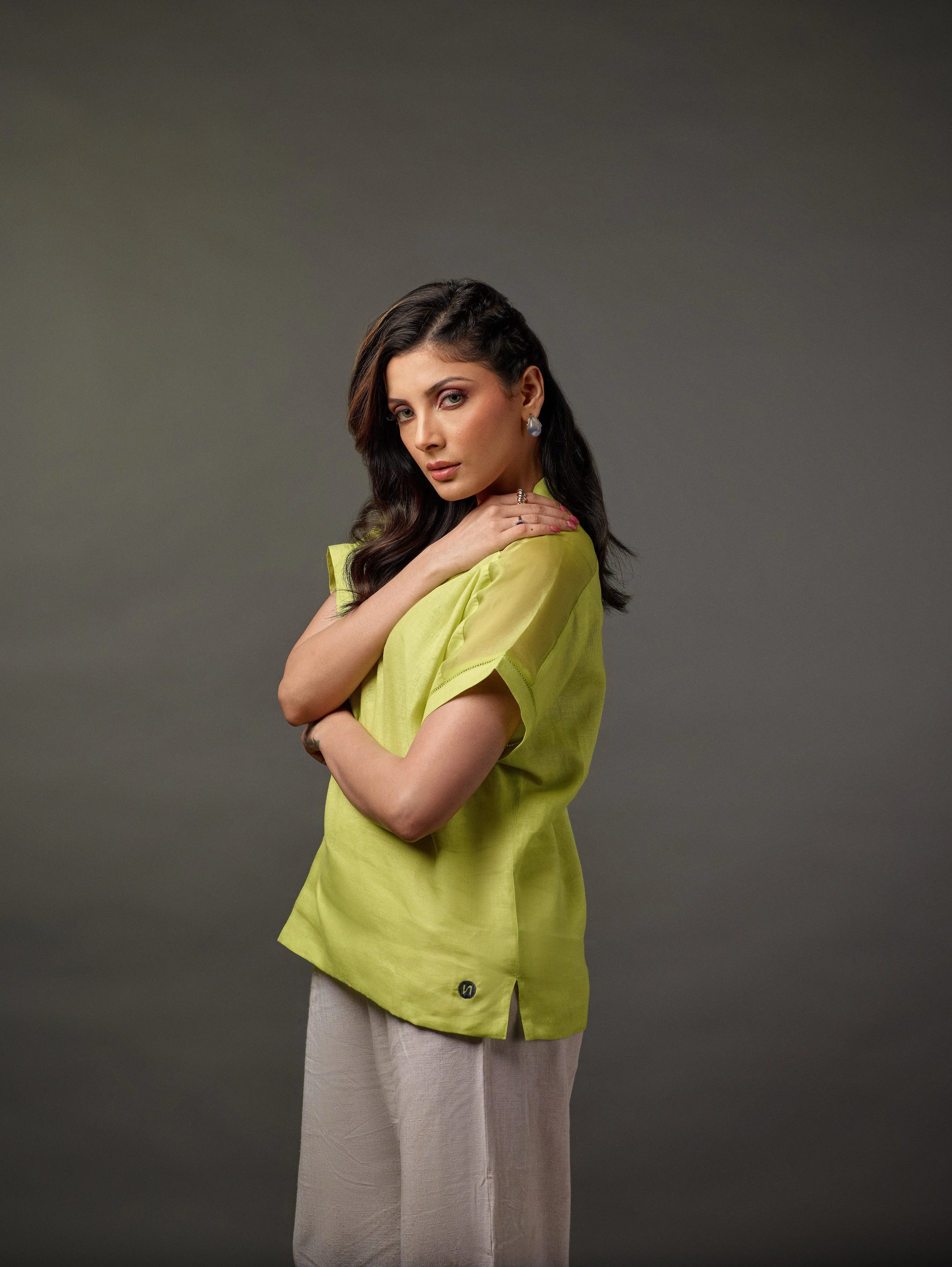 Linen Shawl Collar Top with Dolman Sleeve