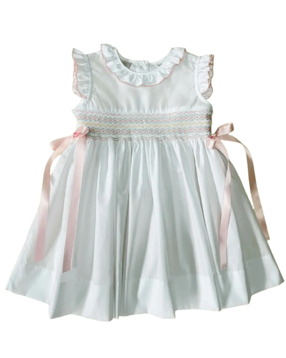 LuLu BeBe Girls White Dress - Pastel Smocking - Pink Side Bows