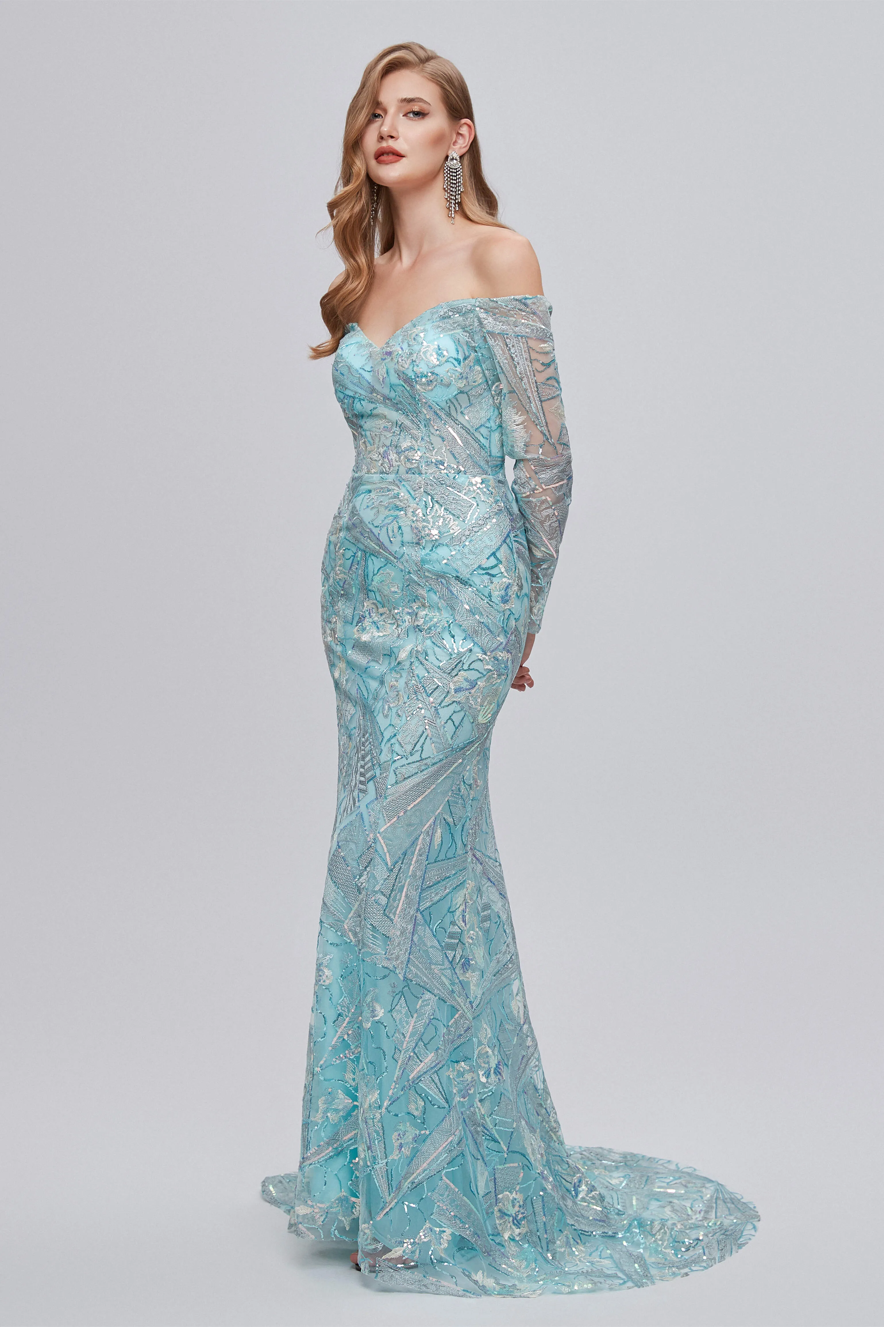 Pastel Blue Sparkly Embroidery Long Sleeve Mermaid Evening Dresses