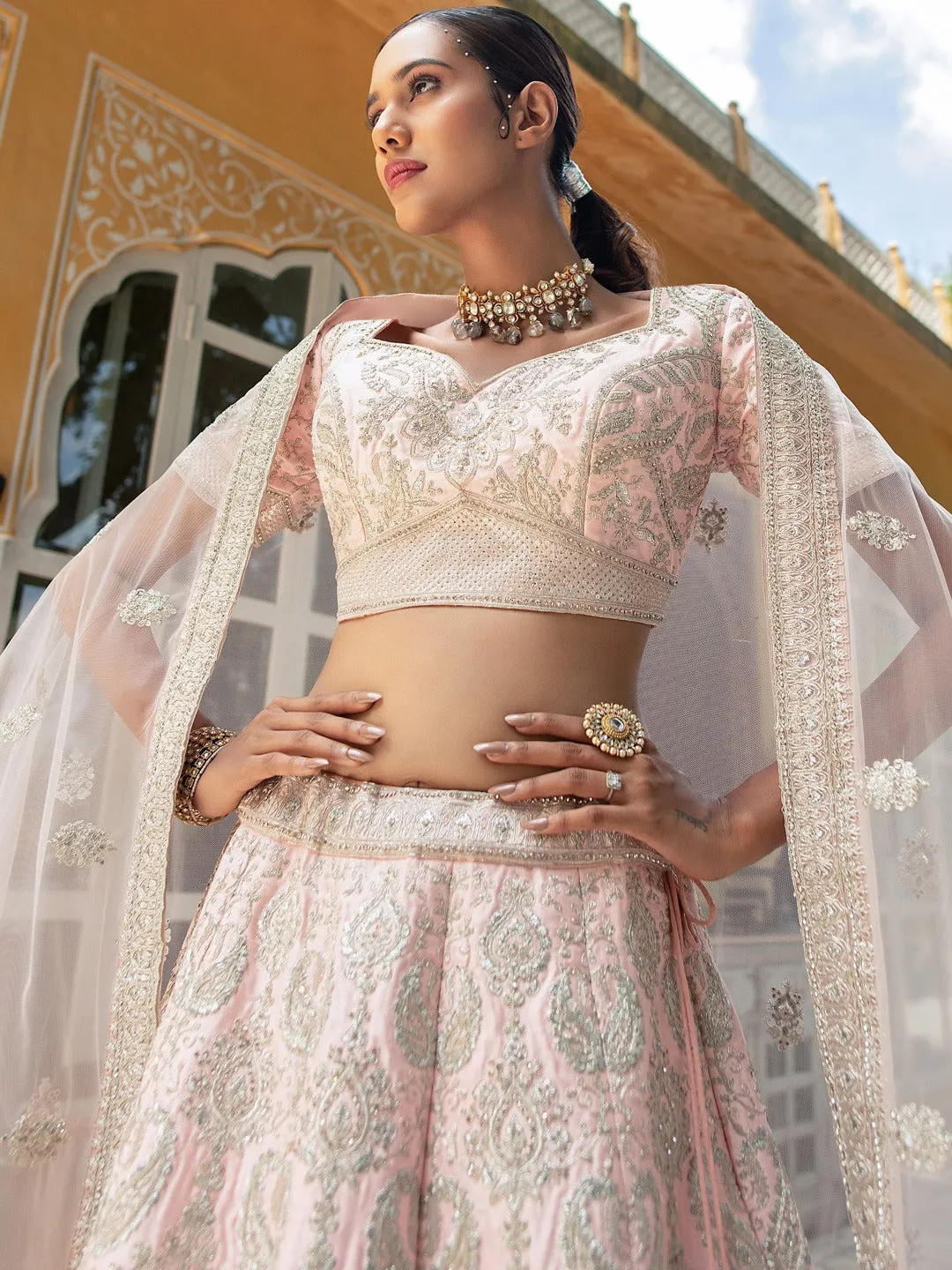 Pastel Pink Bridal Lehenga with Floral Embroidery